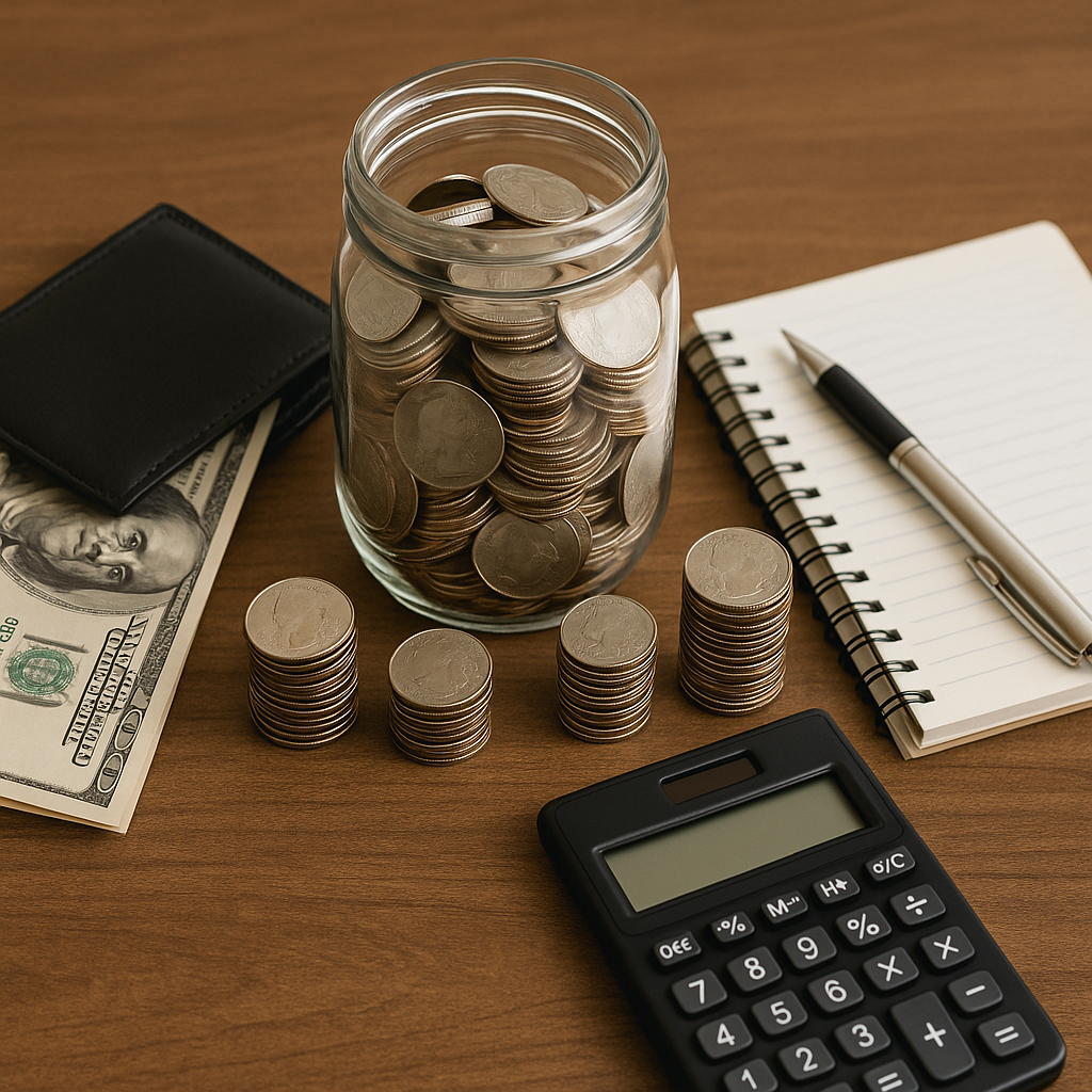 Jar with coins, bills, and a calculator on a table as a symbol of savings at home