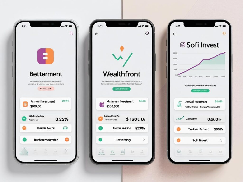 Comparison of Betterment, Wealthfront and SoFi robo‑advisor apps showing fees, minimum investment and key features for millennials