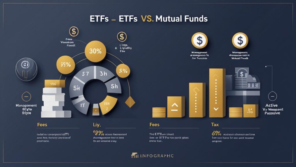 Visual comparison of ETFs and mutual funds highlighting key investment features like cost, liquidity, and management style