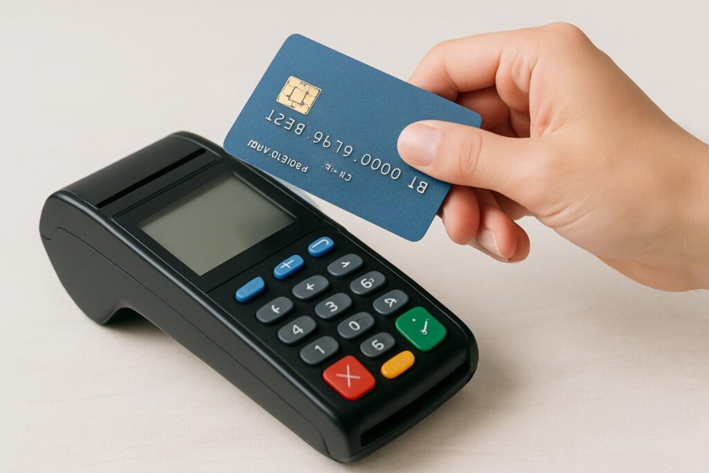 Person paying with credit card on a dataphone as a strategy to obtain financial rewards