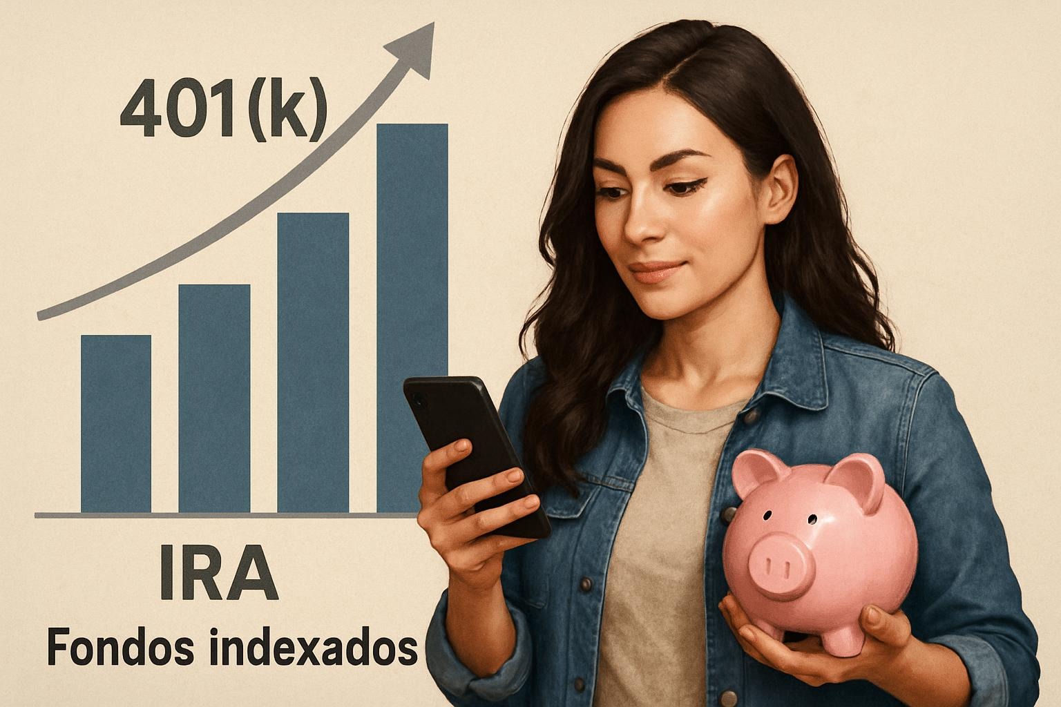 Mujer millennial moderna explora opciones de inversión a largo plazo como planes 401(k), Roth IRA y fondos indexados