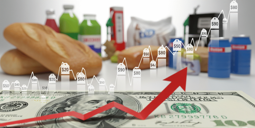 Illustration of inflation with rising prices and declining dollar purchasing power