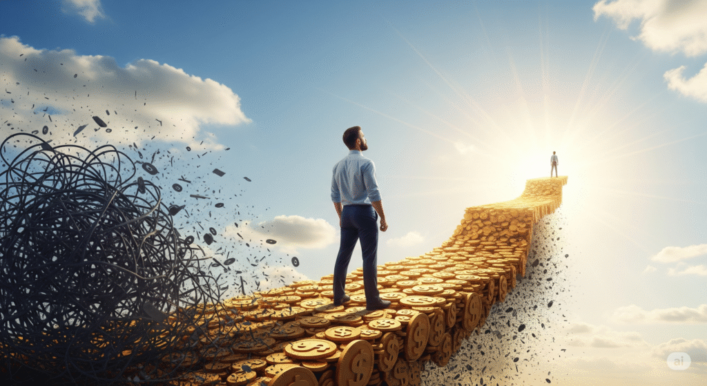 Man walking on a path made of gold coins toward financial freedom while chaos is left behind