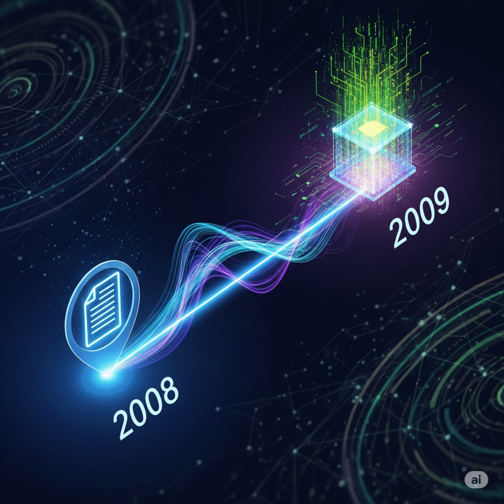 Timeline of Bitcoin's origin showing the 2008 whitepaper and the 2009 genesis block