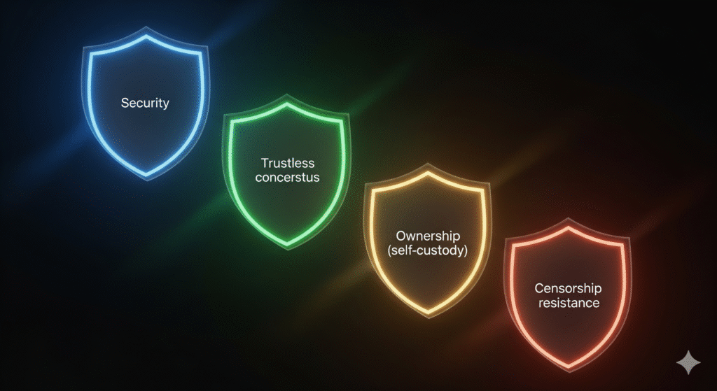 Blockchain assurances: security, trustless consensus, true ownership, and censorship resistance