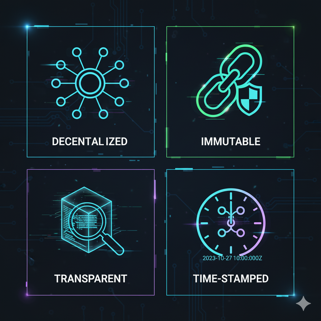 Kinetic quadrant infographic of blockchain characteristics: decentralized, immutable, transparent, time-stamped
