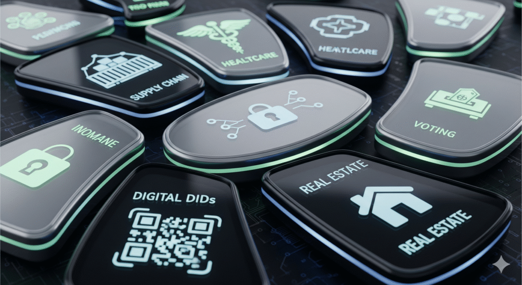 Real-world blockchain use cases including supply chain, healthcare, voting, digital identity, and real estate