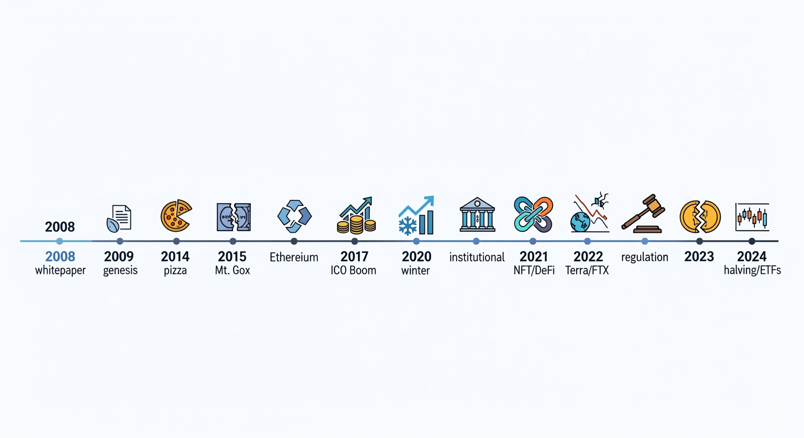 Horizontal infographic of major crypto milestones from 2008 to 2024 including Ethereum, NFTs, DeFi, and regulation