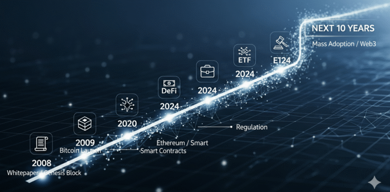 Crypto timeline hero showing milestones from the Bitcoin whitepaper to ETFs and a data-driven path into the next decade