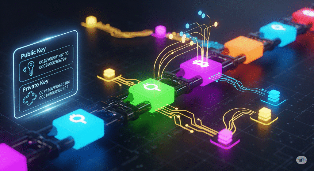 Diagram of blockchain transactions with public and private keys and node validation