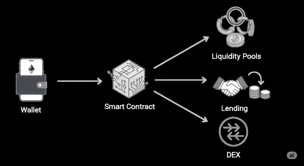 DeFi diagram showing lending, liquidity pools, and synthetic assets via smart contracts
