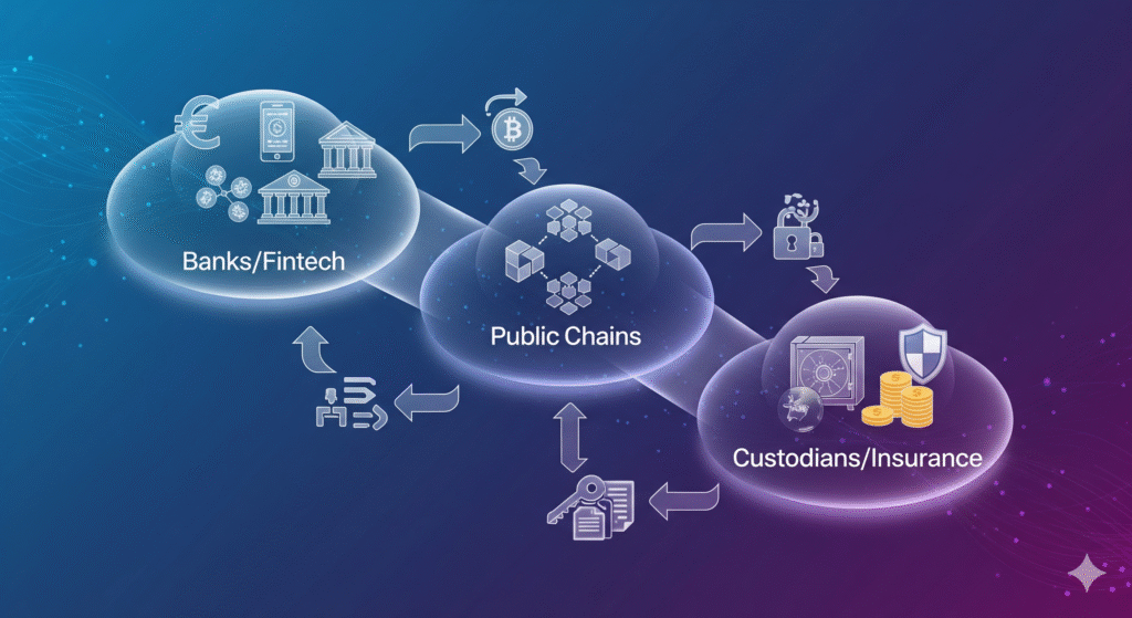 Interoperability and Layer-2 scaling flow showing cross-chain bridges, shared security, and faster finality
