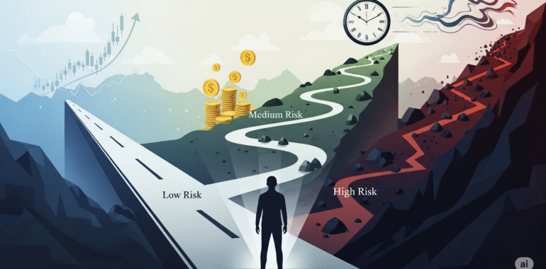 Illustration of an investor choosing between low, medium, and high-risk investment paths