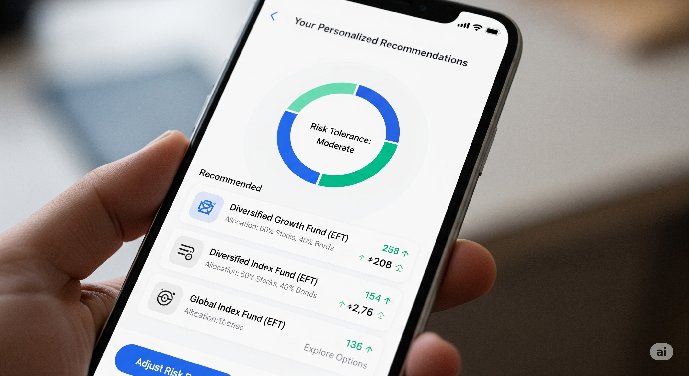 Mobile investment app showing risk-based portfolio recommendations