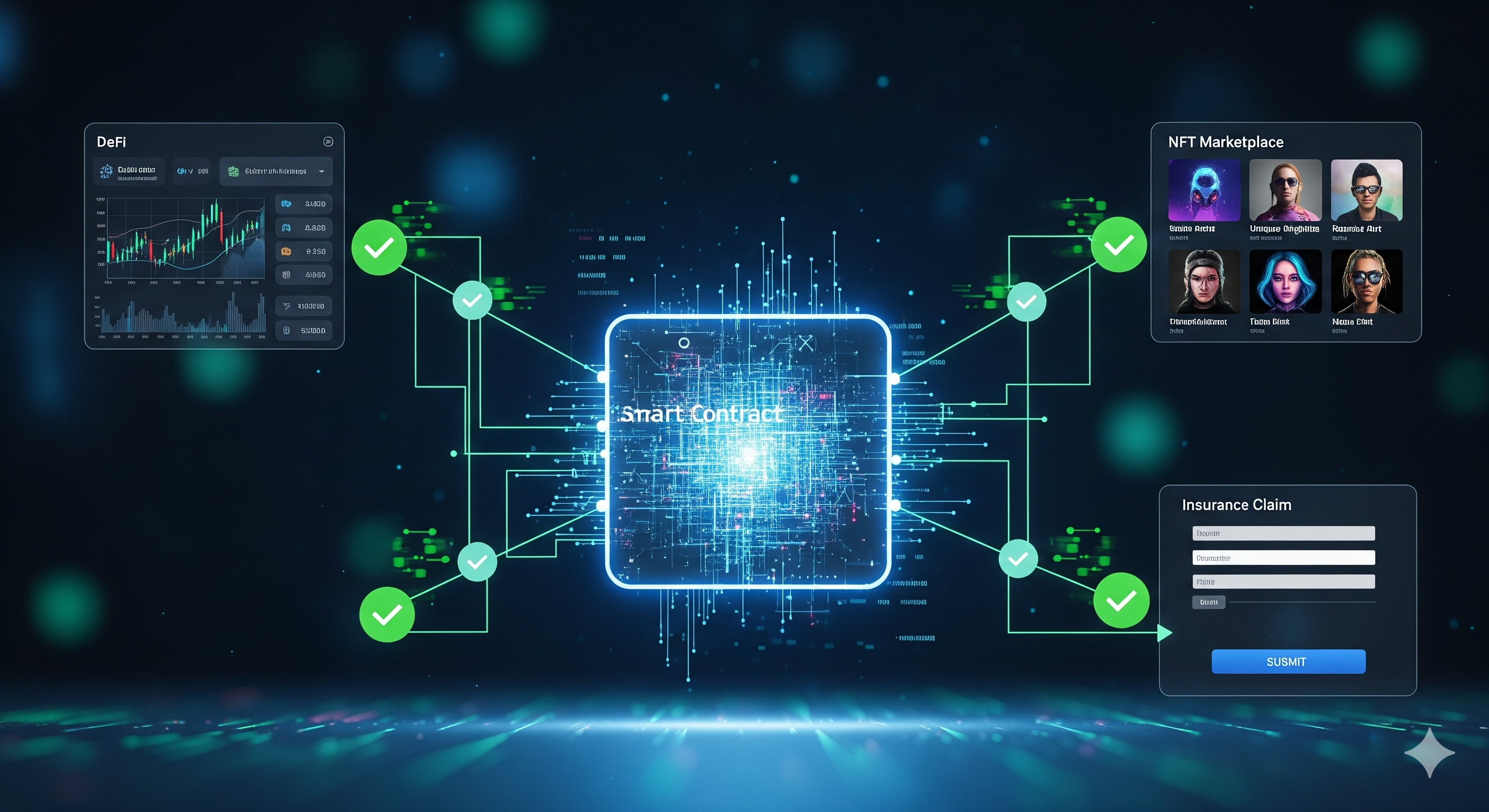 Smart contracts automating DeFi platforms, NFT marketplaces, and on-chain insurance