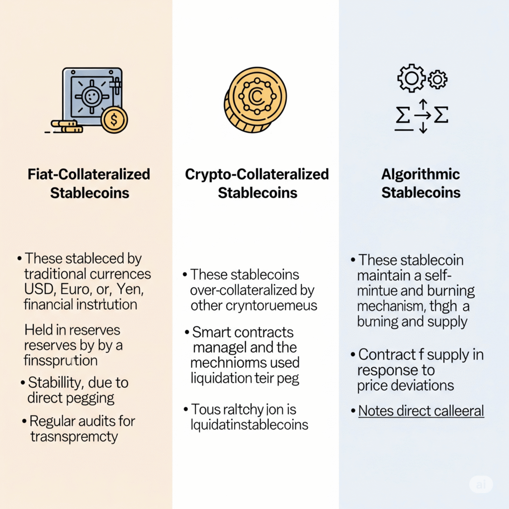 Stablecoin models including fiat-collateralized, crypto-collateralized, and algorithmic designs