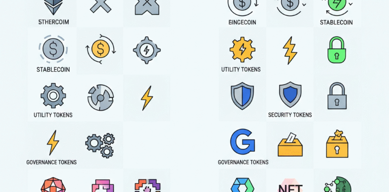 Overview of cryptocurrency types including bitcoin, altcoins, stablecoins, utility and security tokens, NFTs, and privacy coins